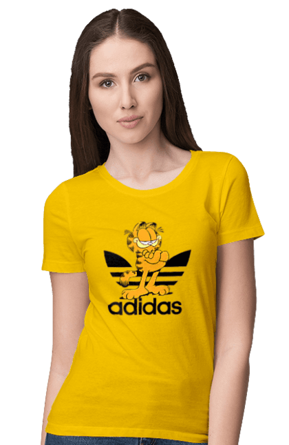 Футболка жіноча з принтом "Adidas Гарфілд". Adidas, garfield, адідас, гарфілд, голод, кінокомедія, кіт, комедія, фільм. 2070702