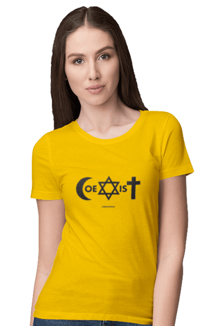 Футболка жіноча з принтом "Coexist". Coexist, іслам, іудаїзм, міжрелігійний діалог, релігія, рівність, символи віри, толерантність, християнство. 2070702