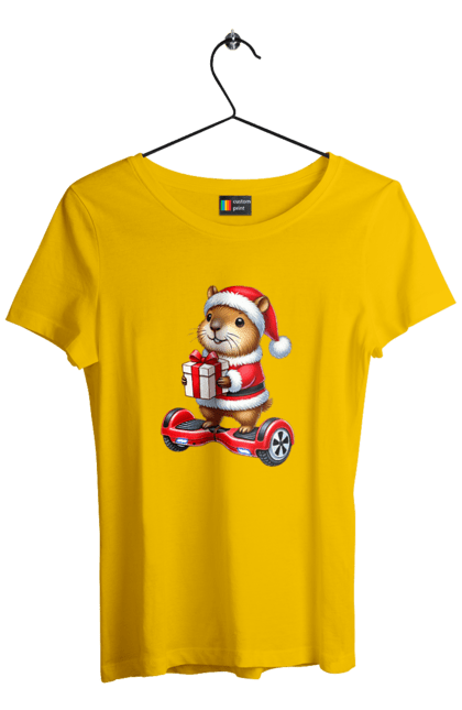 Women's t-shirt with prints Christmas Capybara with a Gift. Animal, capybara, christmas, christmas capybara, gift, holiday, new year, new year`s gift, santa. 2070702