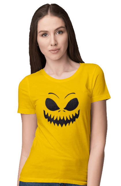 Women's t-shirt with prints Halloween pumpkin face. Costume, halloween, holiday, october, october 31, pumpkin, scary, sweets, trick or treat. 2070702