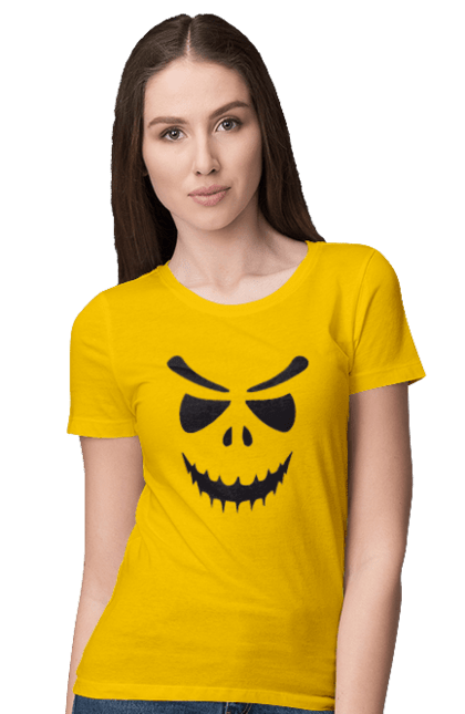 Women's t-shirt with prints Halloween pumpkin face. Costume, halloween, holiday, october, october 31, pumpkin, scary, sweets, trick or treat. 2070702