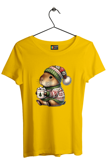 Women's t-shirt with prints Capybara with hot chocolate. Animal, capybara, christmas, christmas capybara, gift, holiday, hot chocolate, new year, santa. 2070702