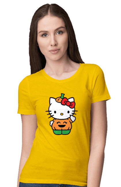 Футболка женская с принтом Хелло Китти Хэллоуин. Halloween, hello kitty, бренд, котенок, персонаж, тыква, хелло китти, хэллоуин. 2070702