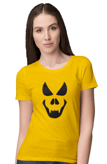 Women's t-shirt with prints Halloween pumpkin face. Costume, halloween, holiday, october, october 31, pumpkin, scary, sweets, trick or treat. 2070702