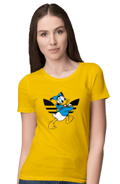 Футболка женская с принтом Adidas Дональд Дак. Adidas, daisy duck, donald duck, адидас, дейзи дак, дональд дак, мультсериал, мультфильм. 2070702