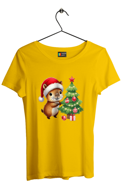 Women's t-shirt with prints Christmas Capybara with a Tree. Animal, capybara, christmas, christmas capybara, christmas tree, gift, holiday, new year, new year`s gift, santa. 2070702