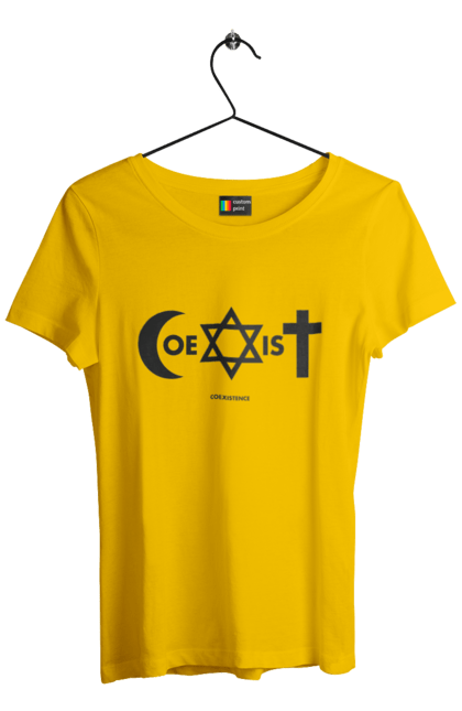 Футболка жіноча з принтом "Coexist". Coexist, іслам, іудаїзм, міжрелігійний діалог, релігія, рівність, символи віри, толерантність, християнство. 2070702