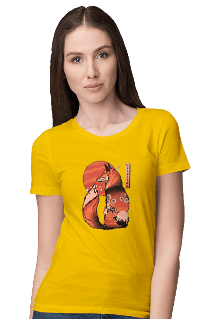 Women's t-shirt with prints Kitsune. Animal, cherry blossoms, flowers, fox, great wave, japan, japanese, kitsune, mount fuji, red fox. 2070702