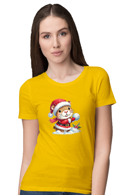 Women's t-shirt with prints Capybara playing snowballs. Animal, capybara, christmas, christmas capybara, game, gift, holiday, new year, santa, snowballs. 2070702