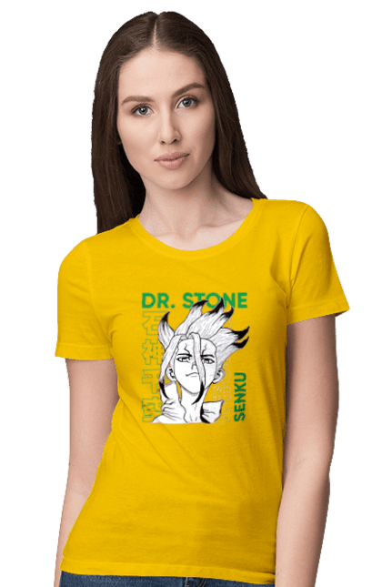 Футболка жіноча з принтом "Dr. Stone Сенку". Dr. stone, ishigami, senku, senku ishigami, аніме, доктор стоун, ісіґамі, ісіґамі сенку, манга, сенку. 2070702