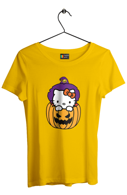 Футболка женская с принтом Хелло Китти Хэллоуин. Halloween, hello kitty, witch, бренд, ведьма, кот, котенок, персонаж, хелло китти, хэллоуин. 2070702