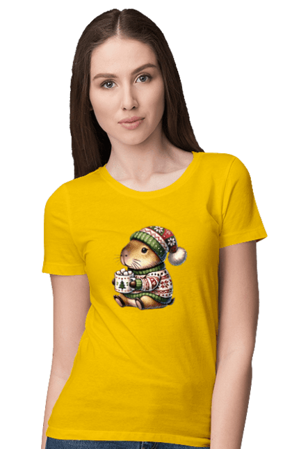 Women's t-shirt with prints Capybara with hot chocolate. Animal, capybara, christmas, christmas capybara, gift, holiday, hot chocolate, new year, santa. 2070702