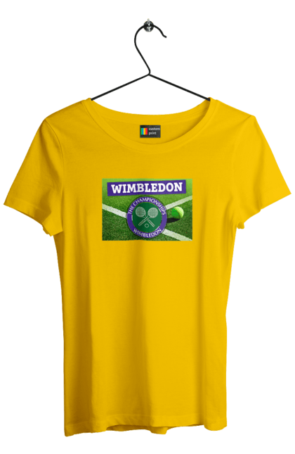 Футболка жіноча з принтом "Wimbledon тенісний турнір". Великий теніс, велокобритання, гравці, лондон, м`яч, призовий фонд, ракетка, спонсор, турнір на траві, турнірна сітка. aslan