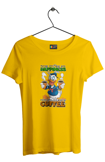 Women's t-shirt with prints Donald Duck Coffee. Animated series, cartoon, coffee, cup, disney, donald duck. 2070702