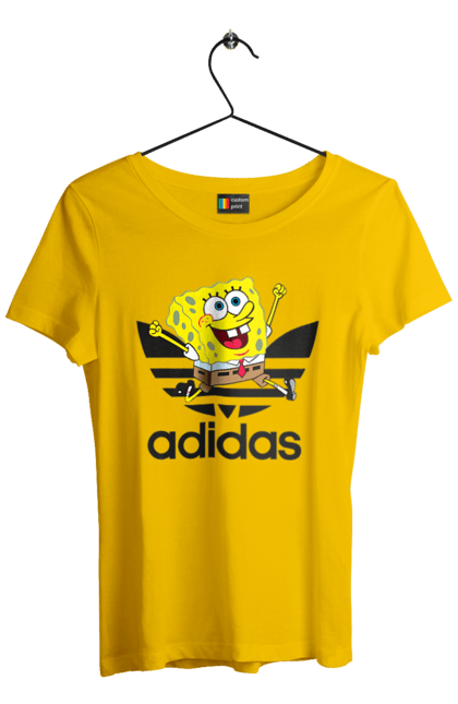 Футболка женская с принтом Adidas Губка Боб. Adidas, spongebob, адидас, баскетбол, губка боб, мультик, мультсериал, мяч, спанч боб, спорт. 2070702