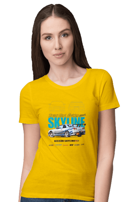 Футболка жіноча з принтом "Nissan Skyline". Nissan, nissan skyline, skyline, авто, автомобіль, ніссан, скайлайн. 2070702