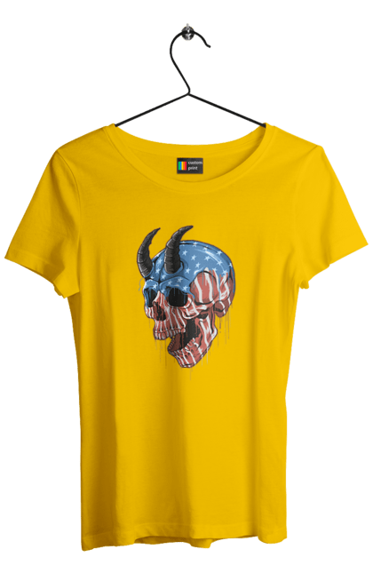 Women's t-shirt with prints Skull with horns. America, bones, dye, flag, horns, scull, states, teeth, usa. 2070702