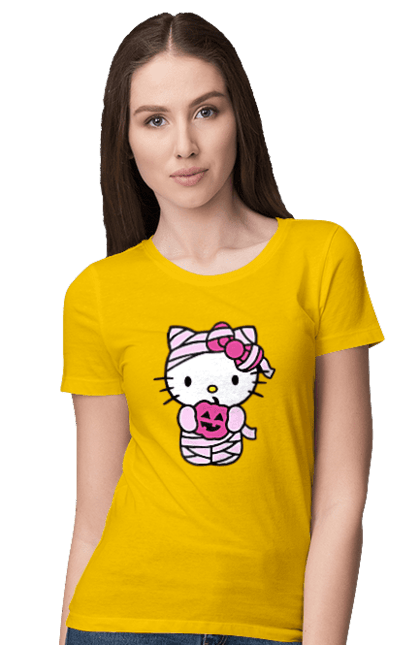 Women's t-shirt with prints Hello Kitty Halloween. Brand, cat, character, halloween, hello kitty, kitten, kitty, mummy. 2070702