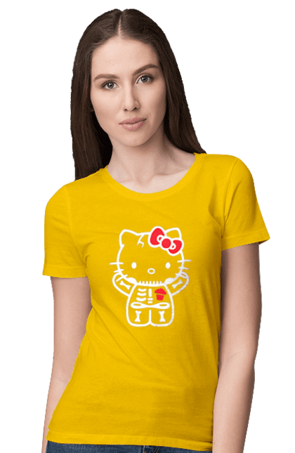 Футболка женская с принтом Хелло Китти Хэллоуин. Halloween, hello kitty, zombie, бренд, зомби, котенок, персонаж, скелет, хелло китти, хэллоуин. 2070702