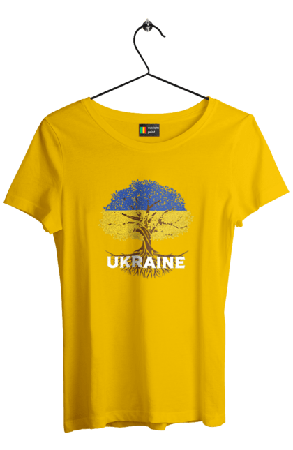 Футболка жіноча з принтом "Прапор України Дерево та Коріння". Жовто-блакитний, жовто-блакитний прапор, прапор україни, україна, українець, українка, українське коріння, український, український прапор, я люблю україну. aslan