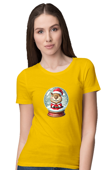 Women's t-shirt with prints Capybara in a snow globe. Animal, capybara, christmas, christmas capybara, gift, holiday, new year, new year`s gift, santa, snow globe. 2070702