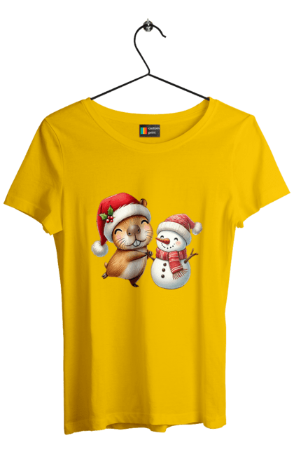 Women's t-shirt with prints Capybara and Snowman. Animal, capybara, christmas, christmas capybara, gift, holiday, new year, new year`s gift, santa, snowman. 2070702