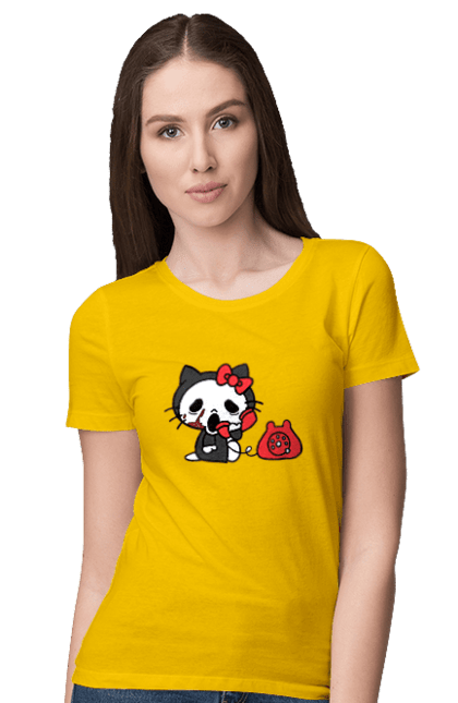 Футболка женская с принтом Хелло Китти Хэллоуин. Halloween, hello kitty, бренд, кот, котенок, персонаж, хелло китти, хэллоуин. 2070702