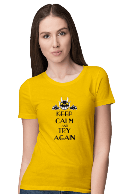 Women's t-shirt with prints Keep calm and try again. Calmness, demon, heck, keep calm, satan, stay calm, try again. 2070702