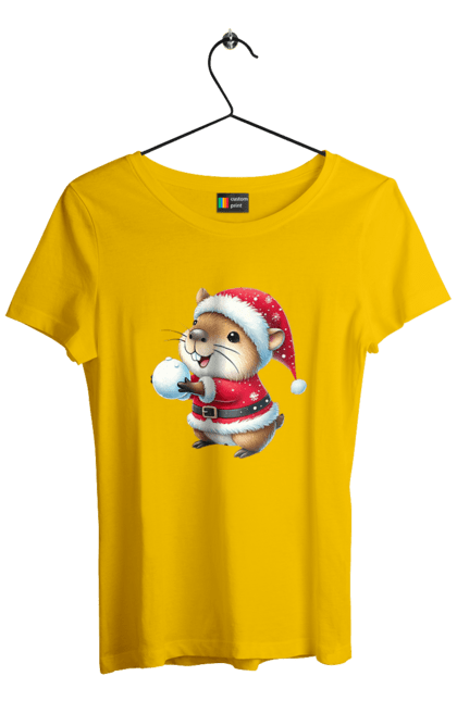 Women's t-shirt with prints Capybara playing snowballs. Animal, capybara, christmas, christmas capybara, game, gift, holiday, new year, santa, snowballs. 2070702