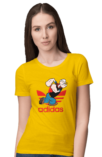 Women's t-shirt with prints Adidas Popeye the Sailor. Adidas, cartoon, comics, popeye the sailor, sailor, serial. 2070702