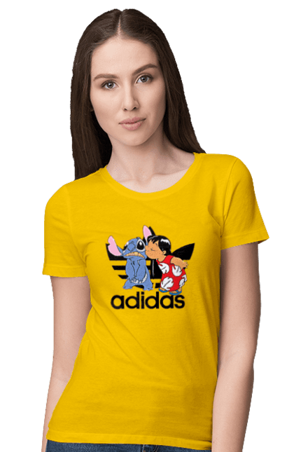 Women's t-shirt with prints Adidas Stich. Alien, cartoon, cinema, disney, film, lilo and stitch, stitch. 2070702