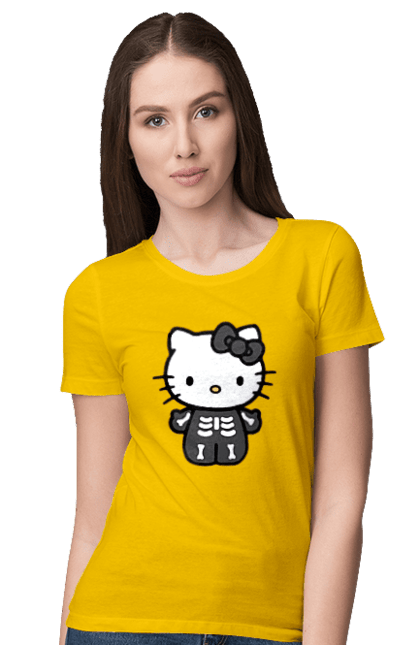 Women's t-shirt with prints Hello Kitty Halloween. Brand, character, halloween, hello kitty, kitten, kitty, skeleton, zombie. 2070702