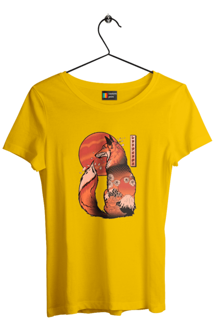 Women's t-shirt with prints Kitsune. Animal, cherry blossoms, flowers, fox, great wave, japan, japanese, kitsune, mount fuji, red fox. 2070702