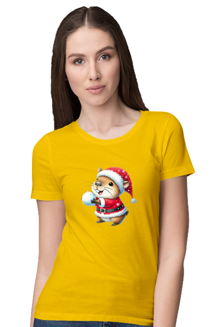 Women's t-shirt with prints Capybara playing snowballs. Animal, capybara, christmas, christmas capybara, game, gift, holiday, new year, santa, snowballs. 2070702