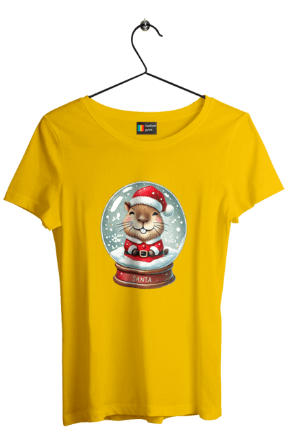 Women's t-shirt with prints Capybara in a snow globe. Animal, capybara, christmas, christmas capybara, gift, holiday, new year, new year`s gift, santa, snow globe. 2070702