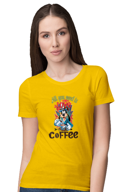 Women's t-shirt with prints Goofy Coffee. Animated series, cartoon, coffee, cup, disney, dog, goofy. 2070702