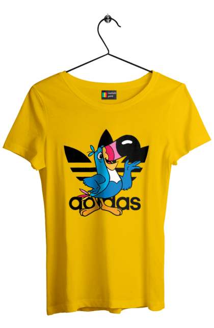 Футболка женская с принтом Adidas Тукан Сэм. Adidas, froot loops, toucan sam, адидас, москот, тукан сэм. 2070702