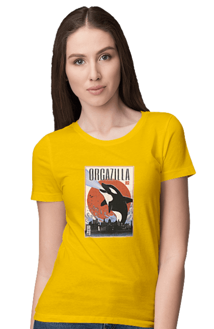 Women's t-shirt with prints Orcazilla. Cartoon style design, graphic, japan print, japanese, japanese art, japanese poster, japanese poster orca, ocean wildlife, orca, orcazilla. 2070702