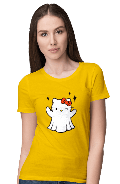 Women's t-shirt with prints Hello Kitty Halloween. Brand, cat, character, ghost, halloween, hello kitty, kitten, kitty. 2070702