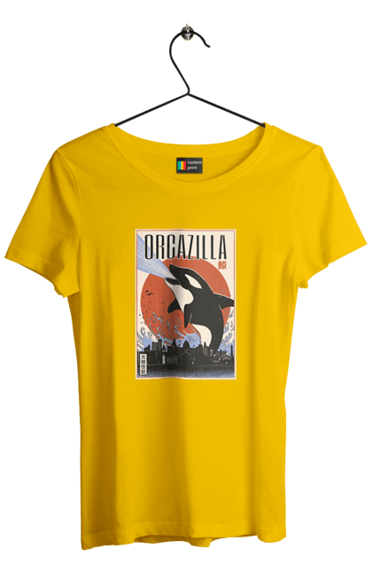 Women's t-shirt with prints Orcazilla. Cartoon style design, graphic, japan print, japanese, japanese art, japanese poster, japanese poster orca, ocean wildlife, orca, orcazilla. 2070702