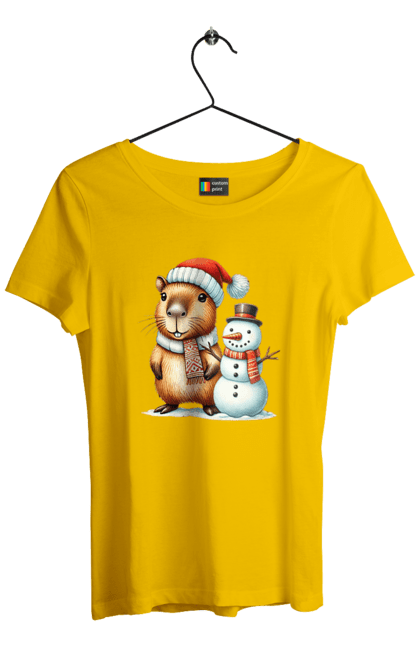 Women's t-shirt with prints Capybara and Snowman. Animal, capybara, christmas, christmas capybara, gift, holiday, new year, new year`s gift, santa, snowman. 2070702