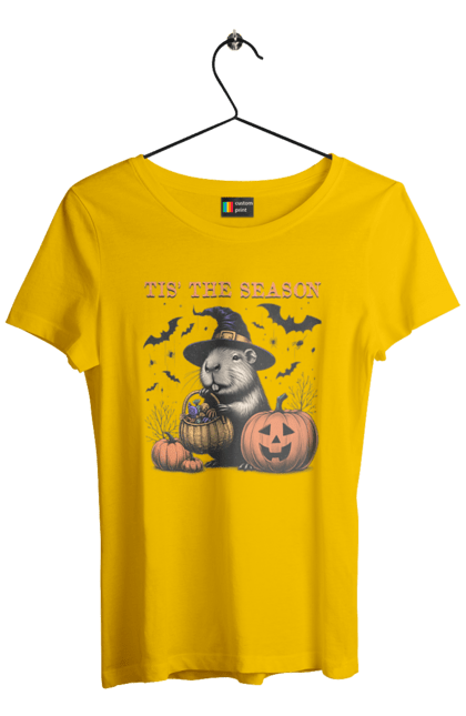 Women's t-shirt with prints Capybara Halloween. Animal, capybara, ghost, halloween, holiday, moon, pumpkin, rodent, witch. 2070702