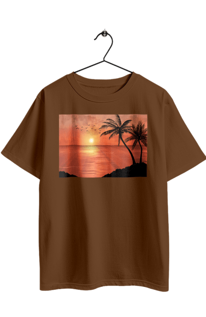 Oversized t-shirt with prints West Palm Sea. Palm trees, sea, shore. 2070702