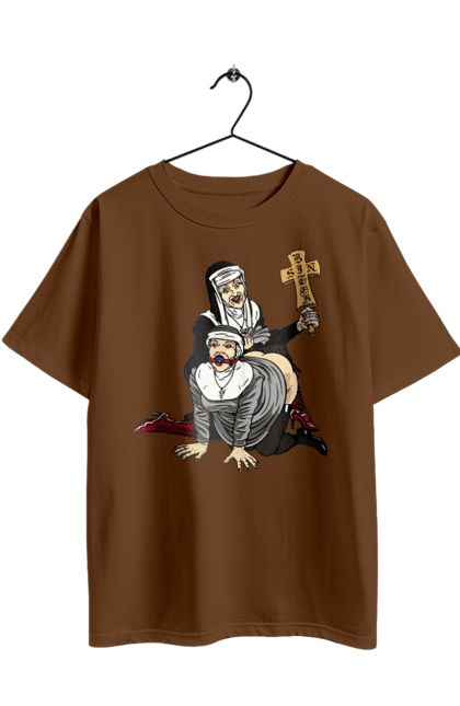 Футболка оверсайз з принтом "Монашки БДСМ". Бдсм, крута, модна, молодіжна, плескає по дупі, рок, рольові ігри, черниці бдсм, черницю, черниця. 2070702