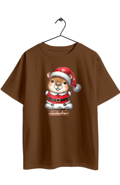 Футболка оверсайз з принтом "Різдвяна капібара". Капібара, новий рік, новорічний подарунок, подарунок, різдво, різдвяна капібара, санта, свято, тварина. 2070702