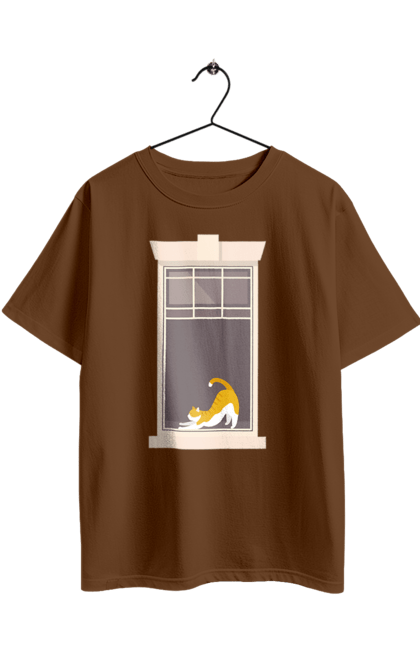 Футболка оверсайз з принтом "Кіт В Вікні". Вікно, кіт, потягушки, рудий. 2070702