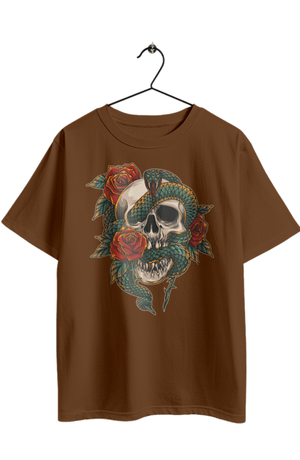 Oversized t-shirt with prints Skull with a snake. Bones, flowers, roses, scales, scull, snake, spikes, teeth. 2070702