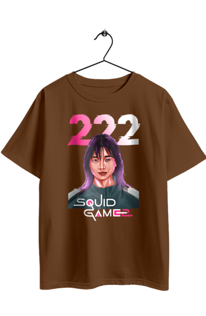 Футболка оверсайз з принтом "Гра в кальмара Кім Чун Хі". 222, kim jun-hee, netflix, squid game, гра в кальмара, гравець 222, ким чун хі, нетфлікс, серіал. 2070702