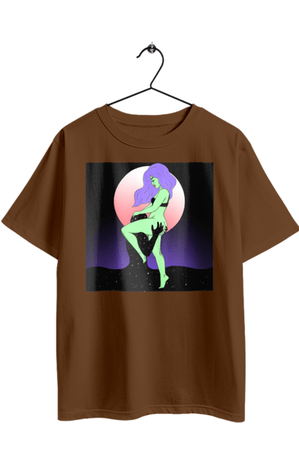 Футболка оверсайз з принтом "Зелена Дівчина І Місяць". Інопланетянка, місяць. 2070702