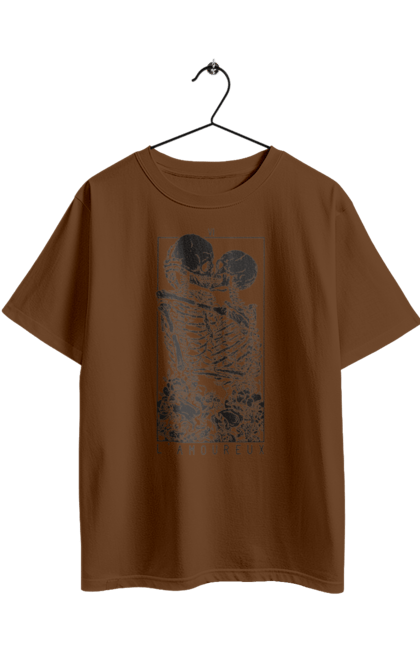Oversized t-shirt with prints Skeletons in love. Bones, kiss, love, scull, skeletons, tarot, teeth. 2070702